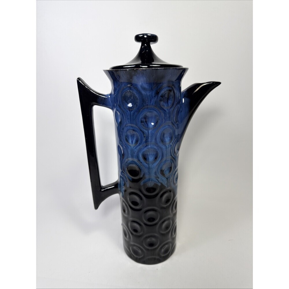Royal Canadian Art Pottery Vtg Coffee Pot Black With Blue Drip Glaze Jupiter J2